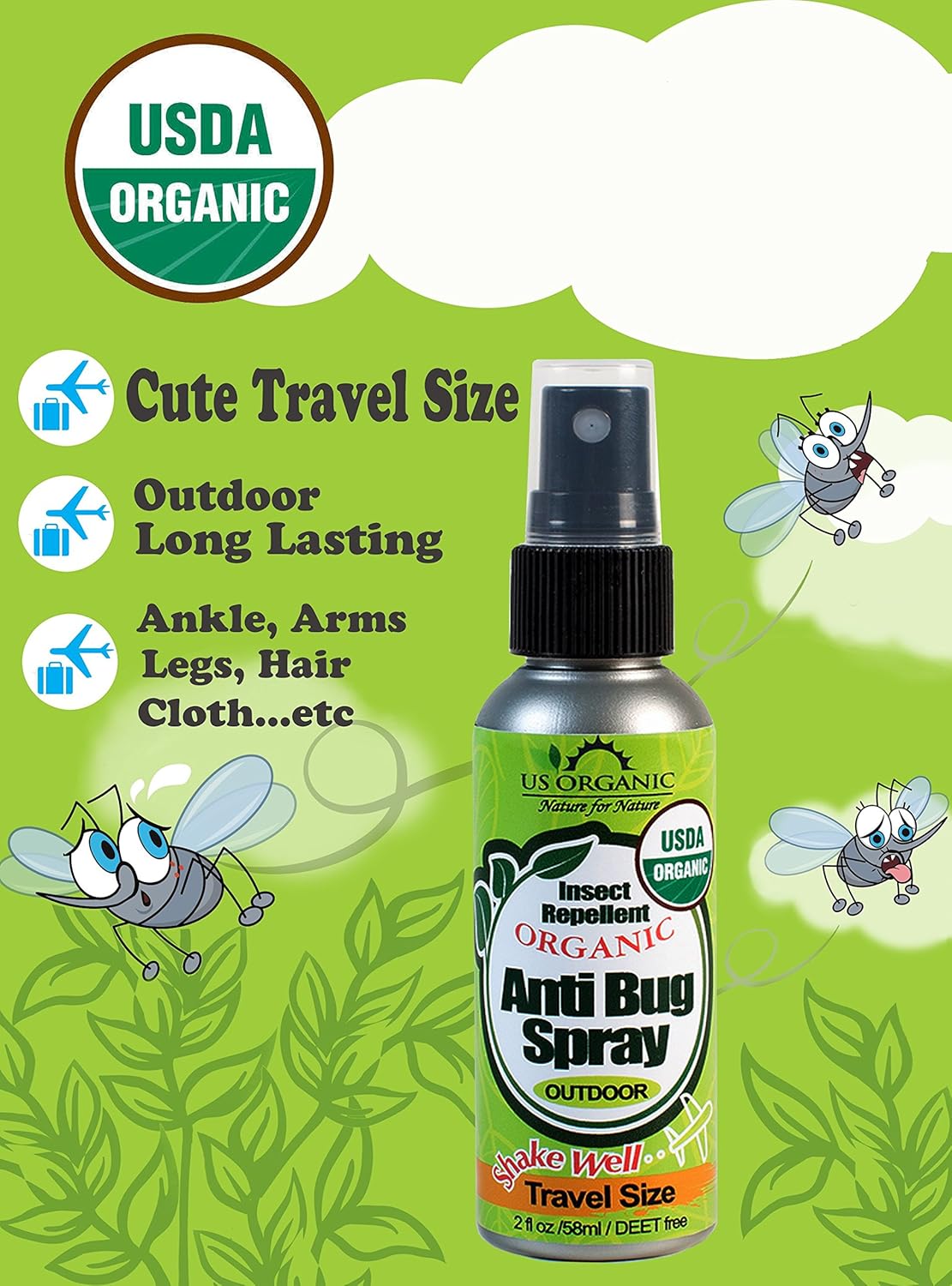 US Organic Mosquito Repellent Anti Bug Outdoor Pump Sprays, USDA Certification, Cruelty Free, Proven Results by Lab Testing, Deet-Free (2 oz Travel Size)