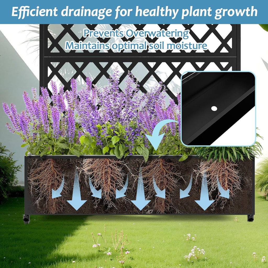 Metal Planter Box with Trellis & Wheels, Raised Garden Bed with Privacy Screen, Outdoor Standing Flower Beds with Drainage Hole for Climbing Plants, Vine, 35.4" L x 15.7" W x 70.9" H, Black