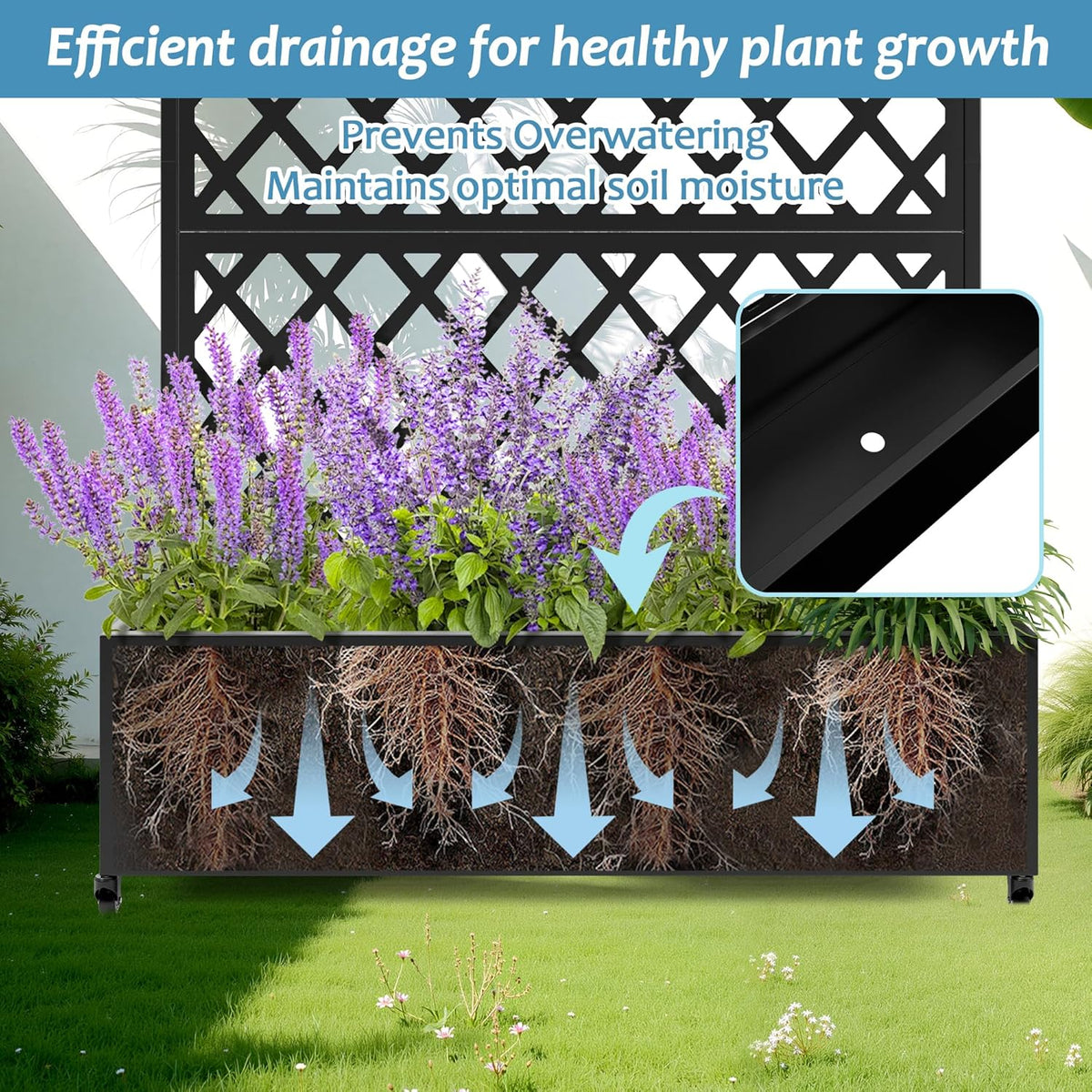 Metal Planter Box with Trellis & Wheels, Raised Garden Bed with Privacy Screen, Outdoor Standing Flower Beds with Drainage Hole for Climbing Plants, Vine, 35.4" L x 15.7" W x 70.9" H, Black