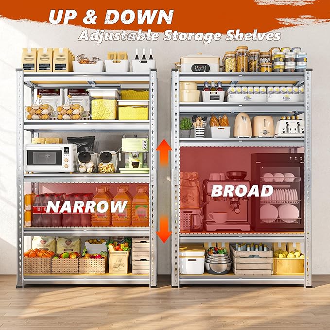 REIBII Garage Shelving, 5 Tier Storage Shelves Load 2020LBS, Adjustable Garage Shelves Heavy Duty, Metal Shelving Unit with Waterproof Columns, 35.5" W x 11.9" D x 72" H, Galvanized