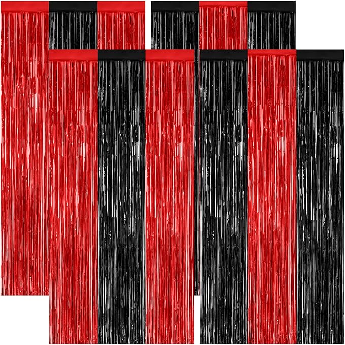 4 Pack Halloween Wall Backdrop, 3.28 FT x 7.05 FT Red and Black Party Streamer, Metallic Tinsel Curtains Fringe Backdrop Foil Streamer, Halloween Hanging Decor Casino Theme Party Decorations