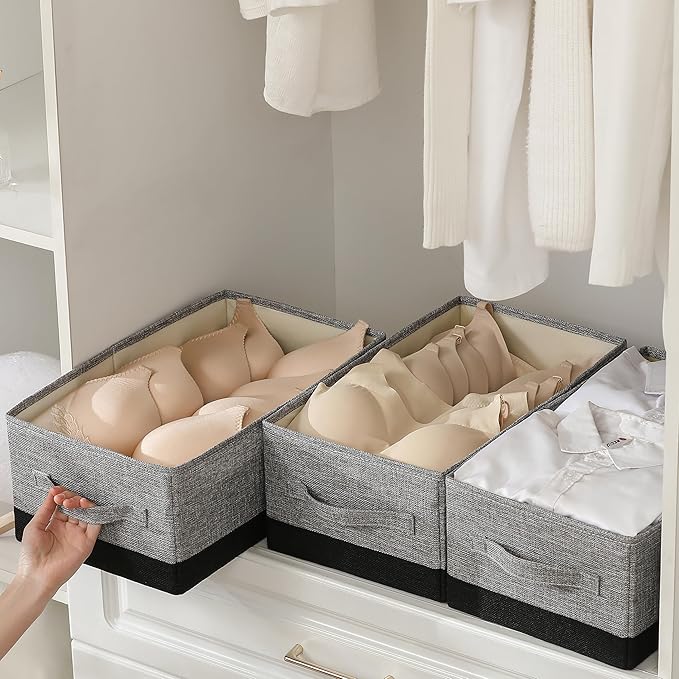 linen closet organizers and storage, 3 Pack Large Storage Baskets, Washable, Clothing Storage Bins with Handle, Closet Organizer for Storage Sweater,Sheets (gray black, 16"x9½"x6¾")