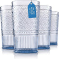 Godinger Highball Drinking Glasses, Acrylic Drinking Glasses Set, Elegant Tall Plastic Cups, Vintage Romantic Decor - Set of 4, Blue