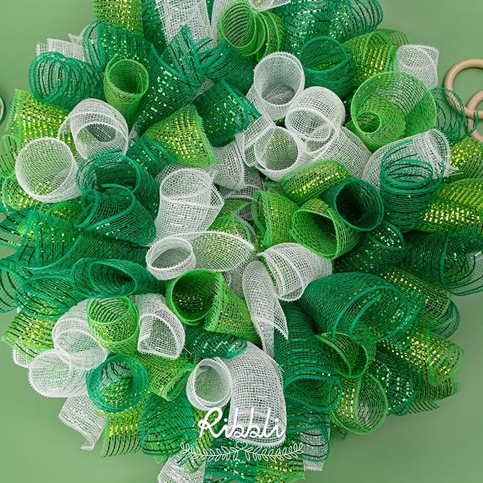Ribbli 2 Rolls Emerald Green Mesh Ribbon,10 inch x 30 feet(10Yard) Each Roll,Metallic Emerald Green with Wide Green Foil,St.Patricks Day Ribbon for Wreath Swags and Decorating