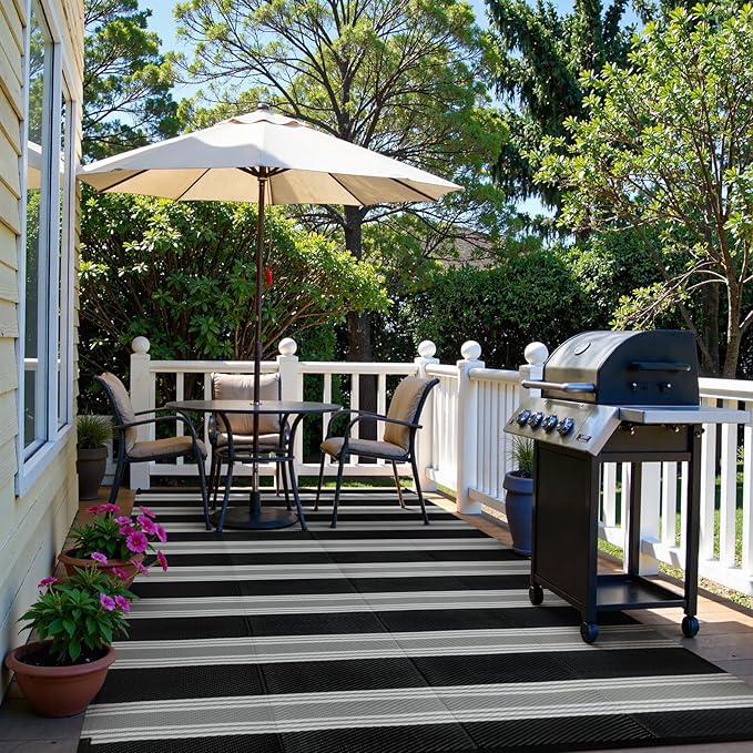 Lahome Striped Outdoor Rug Waterproof, 6x9 Reversible Outdoor Plastic Straw Rug for Camping, RV Patio Rugs Large Carpet for Porch Deck Backyard Balcony Picnic(Black/Grey,6'x 9')