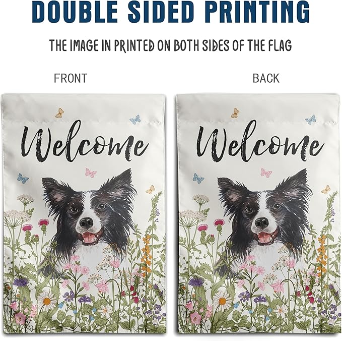 Floral Border Collie Garden Flag Spring Summer Yard Flag Flower Dog Garden Flags for Outside Small Outdoor Welcome Flags 12x18 Double Sided
