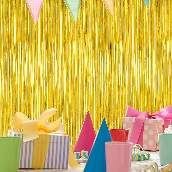 2 Pack Gold Tinsel Backdrop, 3.28 FT x 7.05 FT Metallic Fringe Curtain, Gold Color Graduation Backdrop Party Streamers, Party Supplies Door Decorations for Birthday Anniversaries