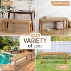Outdoor Backless Bench, All-Weather Wicker & Solid Acacia Wood, Premium Garden Bench with Woven Rattan Seat and Thick Outdoor Cushion for Patio, Porch, Living Room or Entryway (Natural, PE Wicker).
