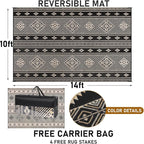 HiiARug Outdoor Rug for Patio Clearance,10'x14' Waterproof Mat,Beach Mat,Reversible Plastic Camping Rugs,Rv,Front Porch Decor,Deck,Camper,Balcony,Backyard,Boho Black