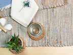 Chardin home Natural Jute Table Runner 13x36 Inch – Vintage Boho Rustic Table Decor – Handwoven Table Runner in Natural Jute and Sky Blue-White – Farmhouse Dining or Console Table Accent