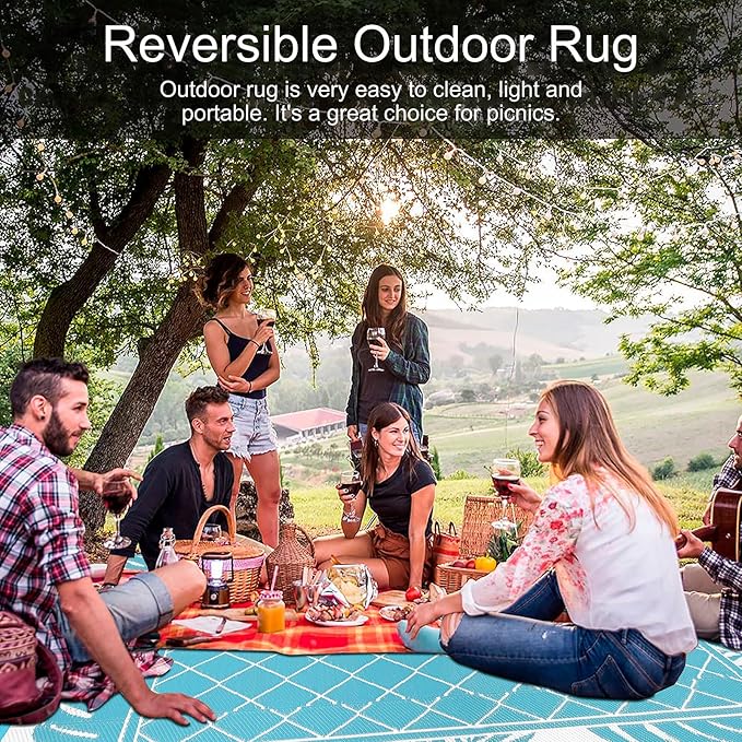 Ileading Outdoor Rug Carpet for Patio 6' x9' Waterproof Reversible Plastic Straw Rug Portable Outside Area Rug Camping Mat for Patio, Clearance, Balcony, Picnic, Pool, Beach, RV, Deck, Leaf Teal