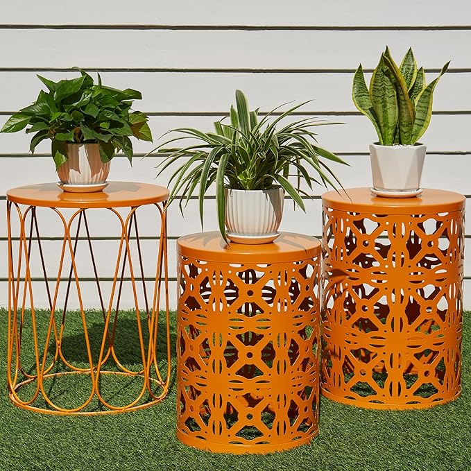 Y&M Patio Side Table,Indoor End Tables for Bedroom, Set of 3 Stacking Coffee Table for Living Room, Outdoor Decorative Garden Stool with Heavy Duty Metal Frame Modern Industrial Decor - Orange