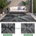 Outdoor Rug 9’x12’ Waterproof for Patio Clearance, Reversible Indoor Outdoor Plastic Straw Camping Rug Carpet, RV Mat, Large Area Rug for Deck, Backyard, Balcony, Porch, Beach, Black & Grey