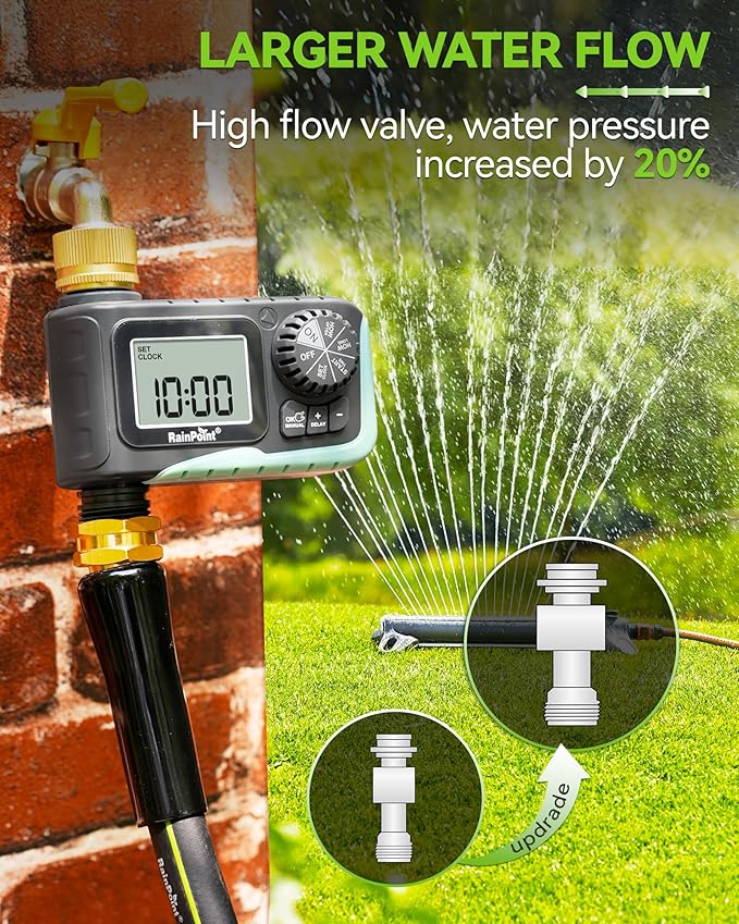 RAINPOINT Sprinkler Timer with Brass Swivel, Programmable Water Timer for Garden Hose with Rain Delay/Manual Watering, Digital Irrigation System Kit for Lawns, 1 Outlet