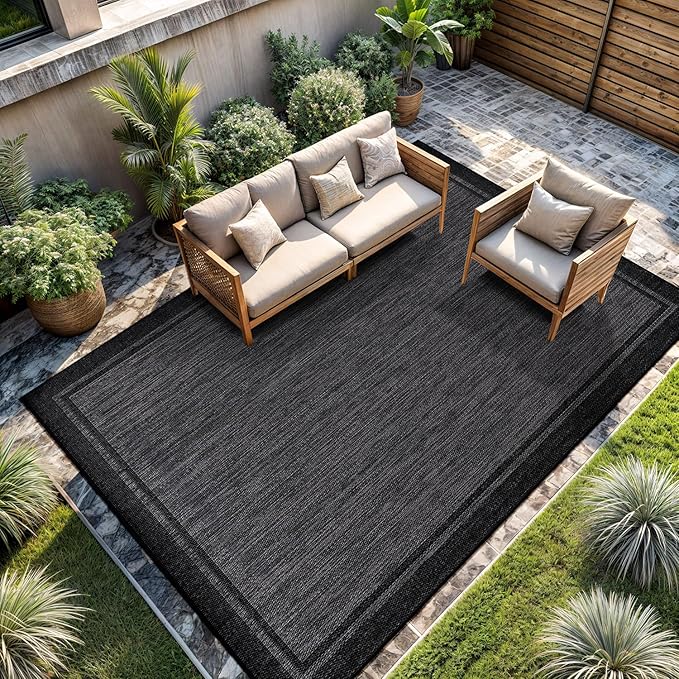 CAMILSON Indoor Outdoor Rug, 8x10 Bordered Dark Gray Black Modern Area Rugs for Indoor and Outdoor Patios, Kitchen and Hallway Mats, Washable Porch Deck Outside Carpet (Bordered Black, 8 x 10)
