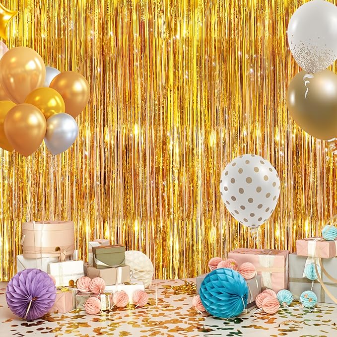 2Pack Gold Party Streamers, Gold Metallic Tinsel Streamers for Birthday Wedding Party Decors Graduation, Baby Shower, Photo Booth Props for Bachelorette Decors Xmas Halloween Party Supplies Backdrop