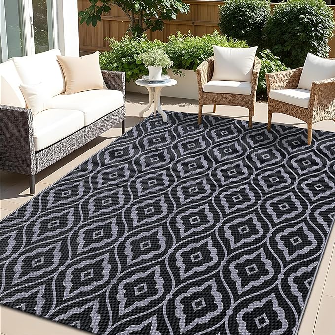OLANLY Outdoor Rug 8x10 ft Waterproof, Outdoor Plastic Straw Rug with Geometric Pattern Clearance, Reversible RV Mat for Patio, Camping, Balcony, Deck, Backyard, Black & Grey