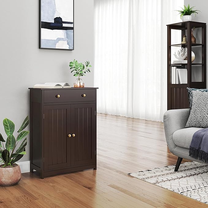 Yaheetech Bathroom Storage Cabinet with Drawer and Double Doors, Free-Standing Organizer with Inner Adjustable Shelf for Living Room, 11.8D x 23.6W x 31.5H in, Espresso