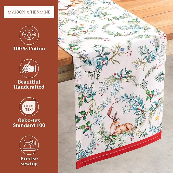 Maison d' Hermine Table Runner 100% Cotton Double Layer Table Runners 108 inches Long for Thanksgiving Christmas Decorations Home Kitchen Dining Party Wedding (Holly Time, 14.5" x 108")