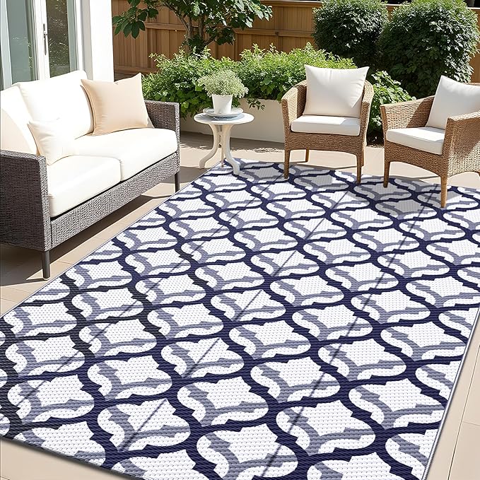 OLANLY Reversible Outdoor Rug 5x8 ft Clearance, Waterproof Outdoor Plastic Straw Rug with Interlacing Pattern, RV Mat for Patio, Camping, Balcony, Deck, Backyard, Navy & White