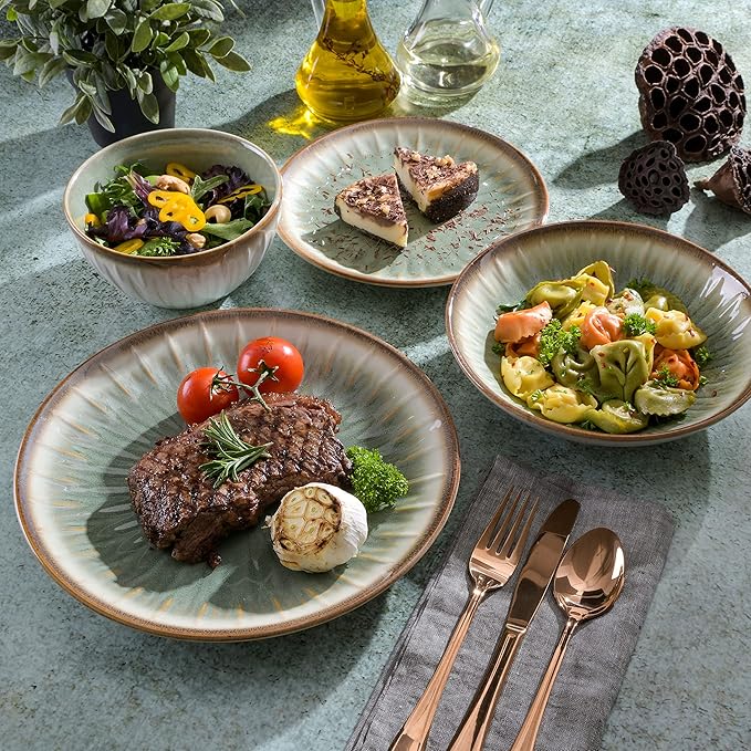 Gibson Elite Mayfair Bay Embossed Double Bowl Dinnerware Set, Service for 4 (16pcs), Green