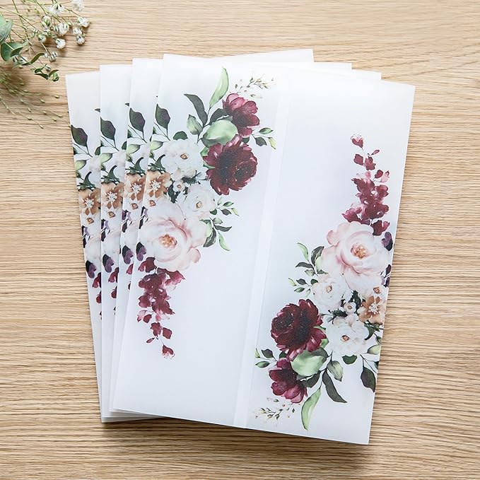 PONATIA 50 PCS Vellum Jackets for 5x7 Invitations- 135gsm Burgundy Floral Printed Vellum Sleeves, Quinceanera Wedding Invitation Cards Wraps