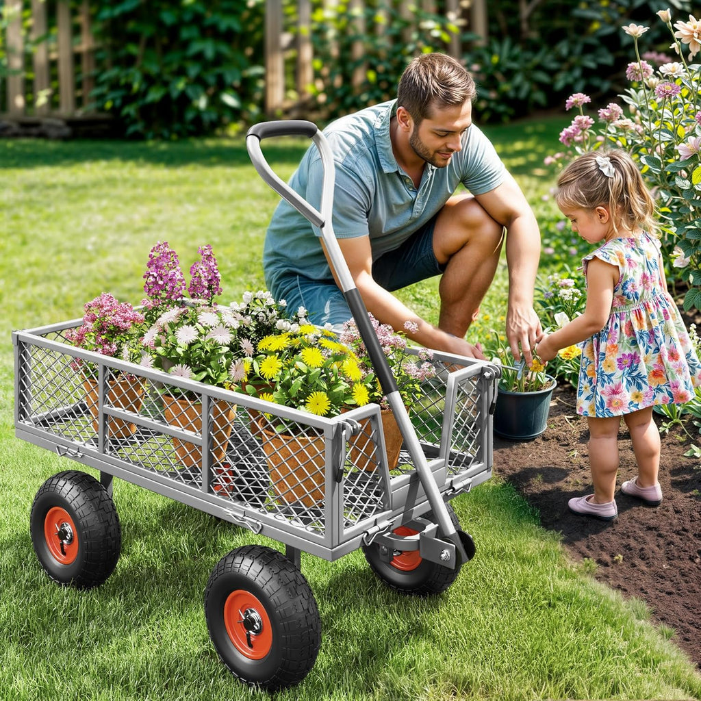 Heavy Duty 900 lbs Capacity Mesh Steel Garden Cart - 10" Pneumatic Tires, 180° Rotating Handle, Removable Sides, 4 CU'FT Utility Wagon for Yard & Garden Christmas Hauling