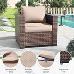 Amopatio Wicker Outdoor Sofa & Patio Couch Set - High Back Waterproof Patio Furniture Single Armrest Chair with Non-Slip Cushions, Outdoor Furniture Cover, Khaki