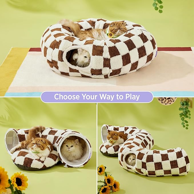 Lesure Cat Tunnel Bed for Indoor Cats - Cute Cat Donut Tunnel Toys for Small Large Cats with Washable Circle Cushion, Round Pet Peekaboo Cave Toy for Kitten/Puppy/Rabbit, Standard Brown Checks