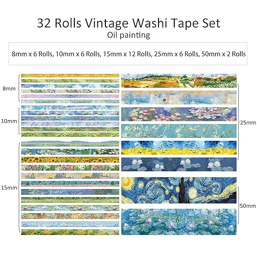 emmoolife 32 Rolls Washi Tape Set, Oil Painting Decorative Masking Tape, Van Gogh Adhesive Tape for Bullet Journal, DIY Crafts Gift, Party Decorations, Junk Journal, School Supplies