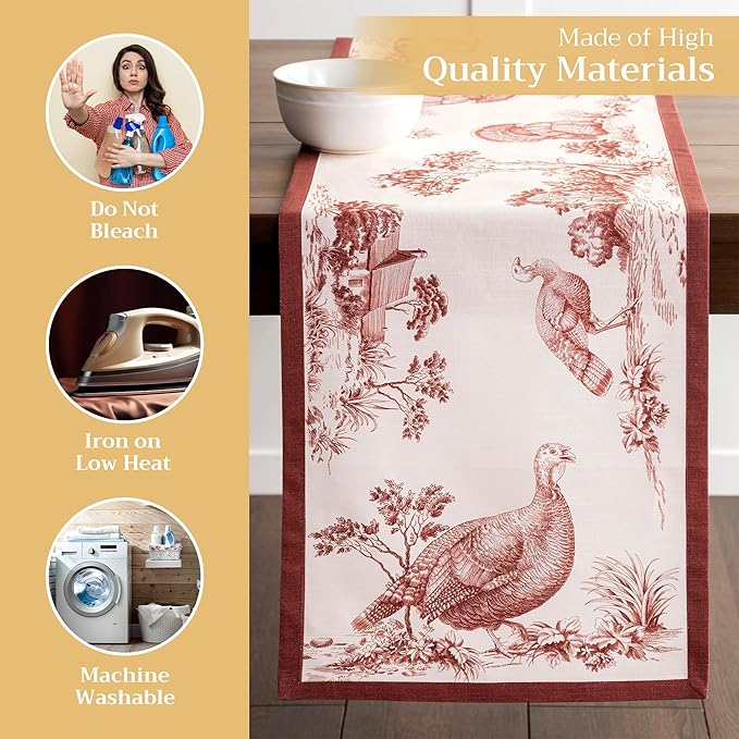 Maison d' Hermine Table Runner 100% Cotton Single Layer Table Runners 90 inches Long for Thanksgiving Christmas Decorations Home Kitchen Dining Party Wedding (Holy Jouy - Brown, 14.5" x 90")