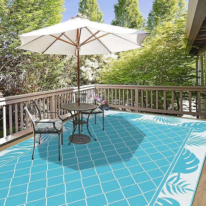 Ileading Outdoor Rug Carpet for Patio 8' x10' Waterproof Reversible Plastic Straw Rug Portable Outside Area Rug Camping Mat for Patio, Clearance, Balcony, Picnic, Pool, Beach, RV, Deck, Teal