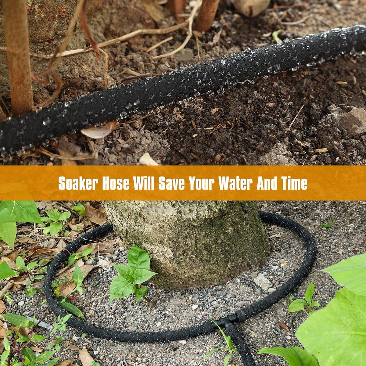 Soaker Hose 50ft for Garden Beds, Solid Brass Interface Irrigation Save 70% Water Heavy Duty Rubber 1/2" Diameter Great for Gardens/Flower Beds