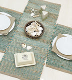 Chardin home Natural Jute Table Runner 13x48 Inch – Vintage Boho Rustic Table Decor – Handwoven Table Runner in Natural Jute and Aqua Turquoise – Farmhouse Dining or Console Table Accent