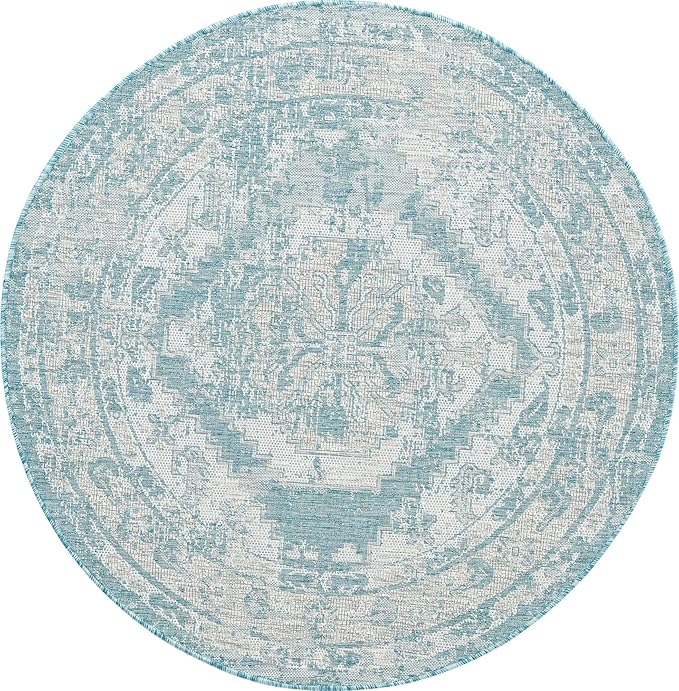 Unique Loom Outdoor Traditional Collection Area Rug - Valeria (5' 3" Round, Aqua/ Ivory)