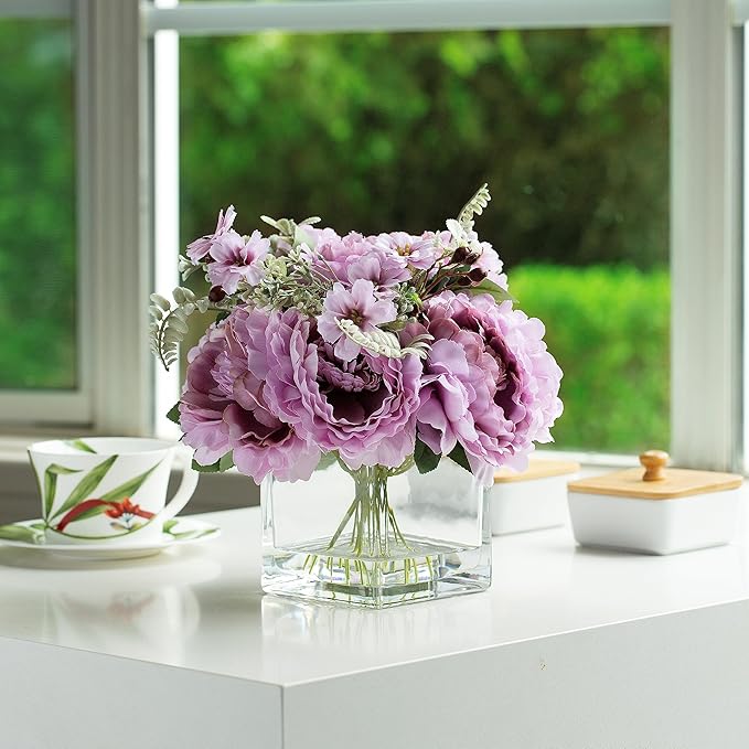ENOVA FLORAL Artificial Flower Arrangement with Vase,Mixed Artificial Silk Peony Flower in Vase for Decoration Home Office, Wedding Centerpiece (Purple)