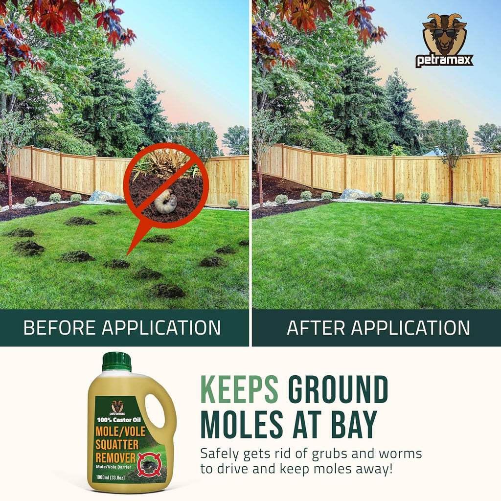 PetraMax Castor Oil Mole Repellent for Lawns - Best Anti Mole and Vole Repellent of Outdoor Space - How to Get Rid of Moles in My Yard, Garden Or Lawn, Safe and Effective Vole Deterrent (33.8 fl oz)