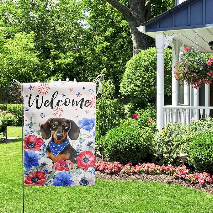 4th of July Dachshund Garden Flag Red White Blue Floral Weiner Dog Yard Flags Small Memorial Independence Day Banner 12x18 Double Sided for Outside Outdoor Patriotic Decor