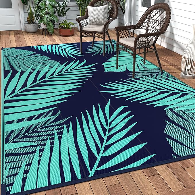 GENIMO Outdoor Rug 8' x 10' Waterproof for Patios Clearance, Reversible Outdoor Plastic Straw Camping Rug Carpet, Large Area Rugs Mats for RV, Camper, Deck, Balcony, Porch, Beach, Navy Blue&Jade Green