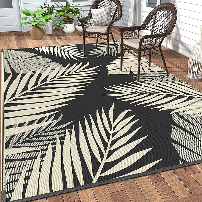 GENIMO Outdoor Rug 5' x 8' Waterproof for Patios Clearance, Reversible Outdoor Plastic Straw Camping Rug Carpet, Large Area Rugs Mats for RV, Picnic, Backyard, Deck, Balcony, Porch, Beach, Black&Beige