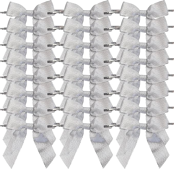 50pcs 3-1/2" Metallic Silver Glitter Ribbon Bows with Twist Ties for Gift Wrapping Packing Christmas Big Bows for Holiday Decoration (Silver)