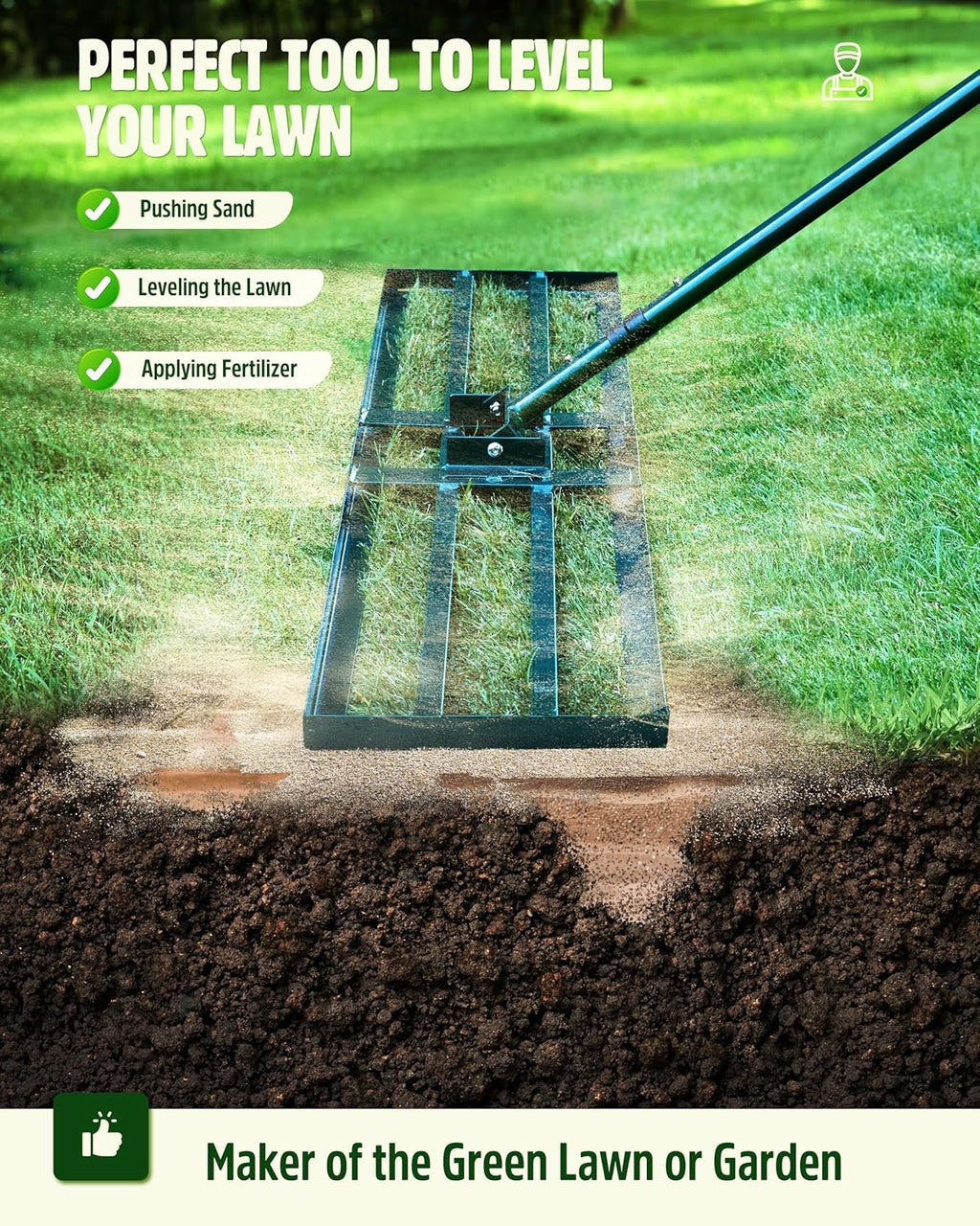 Lawn Leveling Rake,Stainless Steel Lawn Leveler with 45”x10” Ground Plate, 78” Adjustable Long Handle, Heavy Duty Large Level Yard Tool for Grass, Golf Field, Level Soil or Dirt Ground Surfaces-Green