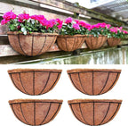 LaLaGreen Large Wall Flower Baskets, 4 Pack, 16 Inch Rail Planter for Outdoor Plants, Metal Wire Plants Holders with Coco Liner Outside Fence Balcony Garden Pots Railings Hanging Deck Porch Decor