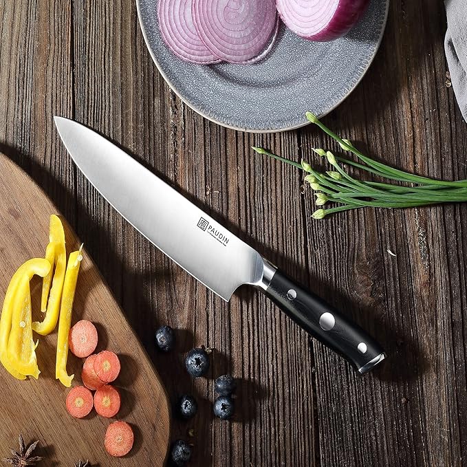 PAUDIN Chef Knife 8 Inch, Professional Kitchen Knife, 7Cr17MoV German Stainless Steel Forged Chefs Knife with Ergonomic G10 Handle, Classic Chef's Knife Meat Knife with Gift Box