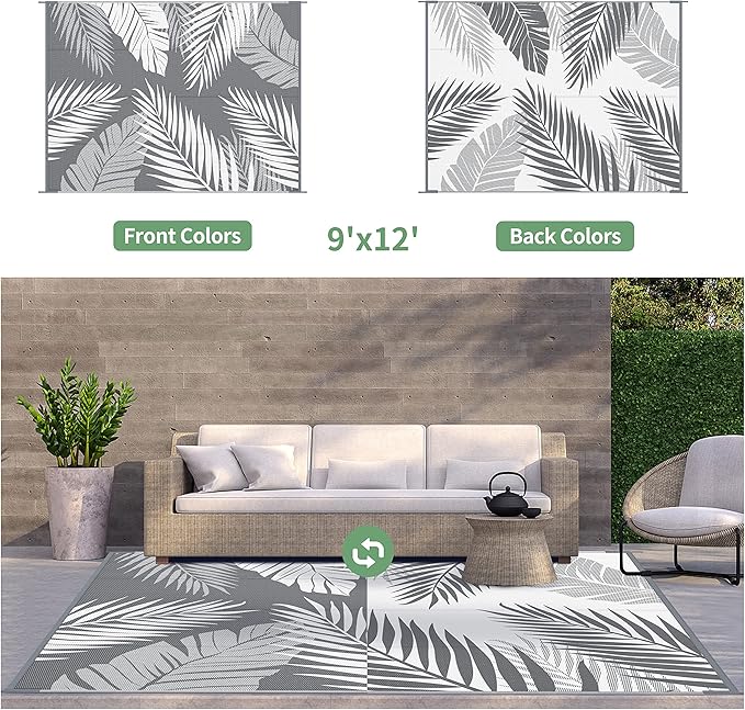 GENIMO Outdoor Rug 9' x 12' Waterproof for Patios Clearance, Reversible Plastic Straw Camping Carpet, Large Area Rugs Mats RV, Picnic, Backyard, Deck, Balcony, Porch, Beach, Grey&White