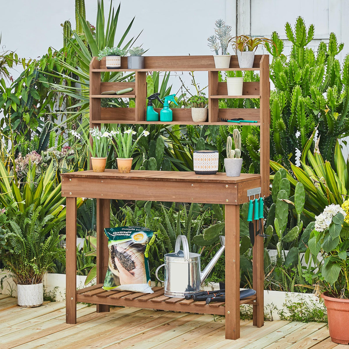 Yaheetech Outdoor Potting Bench, Sink, Display Rack & Storage Shelf,Brown