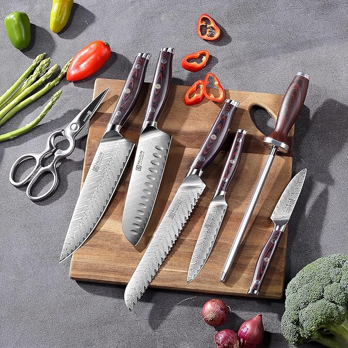 PAUDIN Damascus Knife Set 8 Pieces, Kitchen Knife Set with Block 67-layers Damascus steel, Ultra Sharp Japanese Knife Set with Full Tang G10 Handle, Chef Knife Block Set