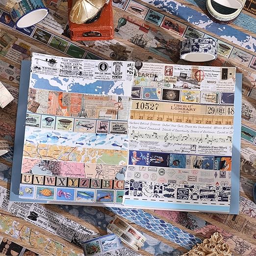 38 Rolls Vintage Washi Tape Set, Vintage Travel Stamp Map Scenery Art Letter Writable Decorative Tapes for Scrapbooking , Junk Journal Supplies, Bullet Journaling 5-25mm Wide 9.84ft long/Roll