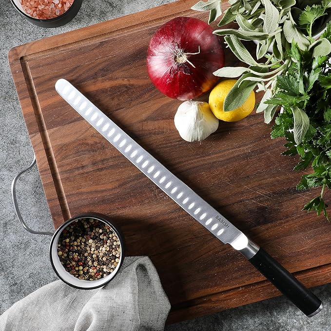 Babish High-Carbon 1.4116 German Steel 12 Inch Full Tang Forged Super Slicer Carving Kitchen Knife, Brisket, Meat and BBQ Knife W/Granton Edge
