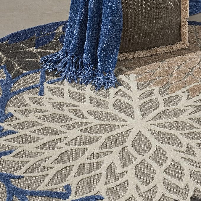 Nourison Aloha Indoor/Outdoor Blue/Multicolor 5'3" x Round Area Rug, Tropical, Botanical, Easy Cleaning, Non Shedding, Bed Room, Living Room, Dining Room, Deck, Backyard, Patio (5 Round)